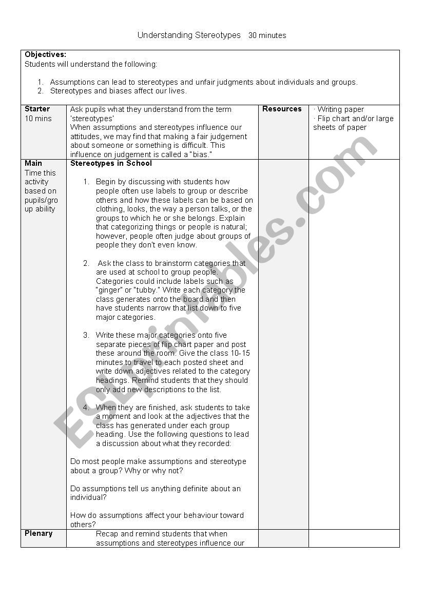 Stereotypes lesson plan worksheet