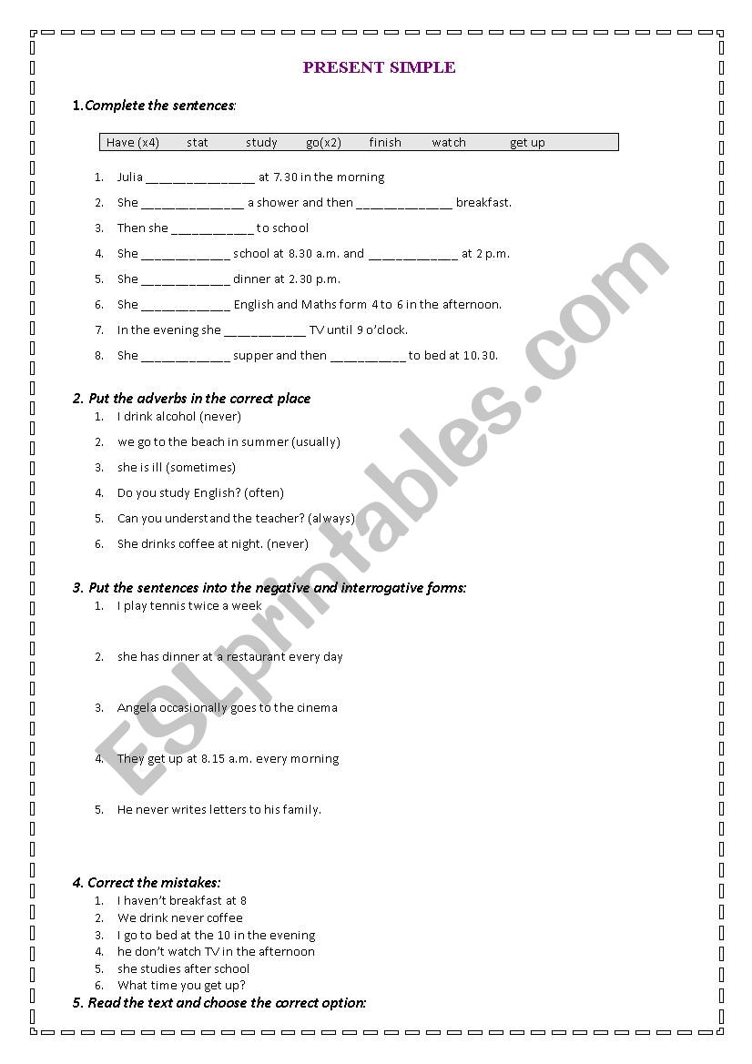 Present simple exercises worksheet