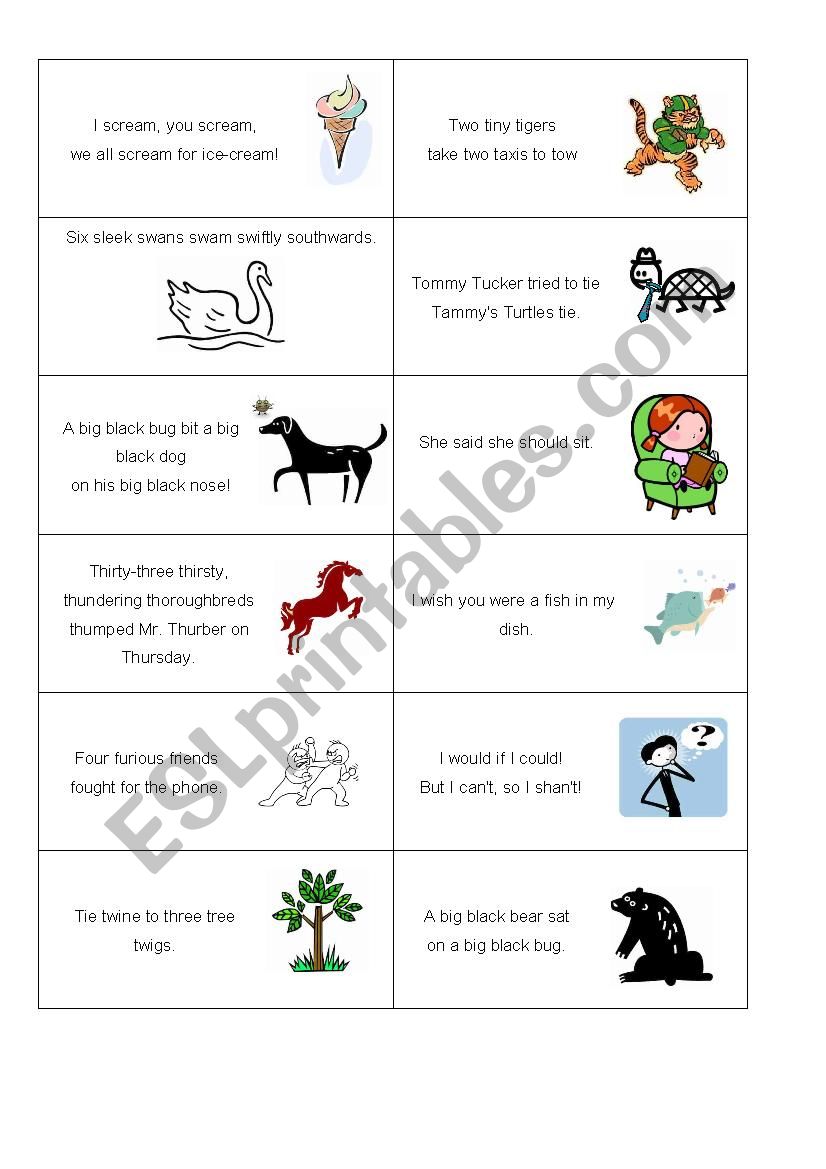 Tongue twisters cards worksheet