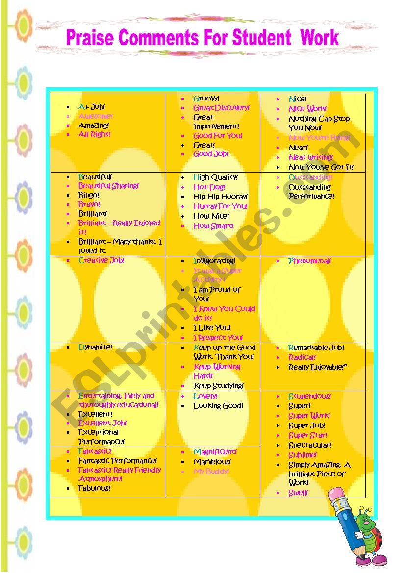 122 PRAISE COMMENTS FOR STUDENT WORK