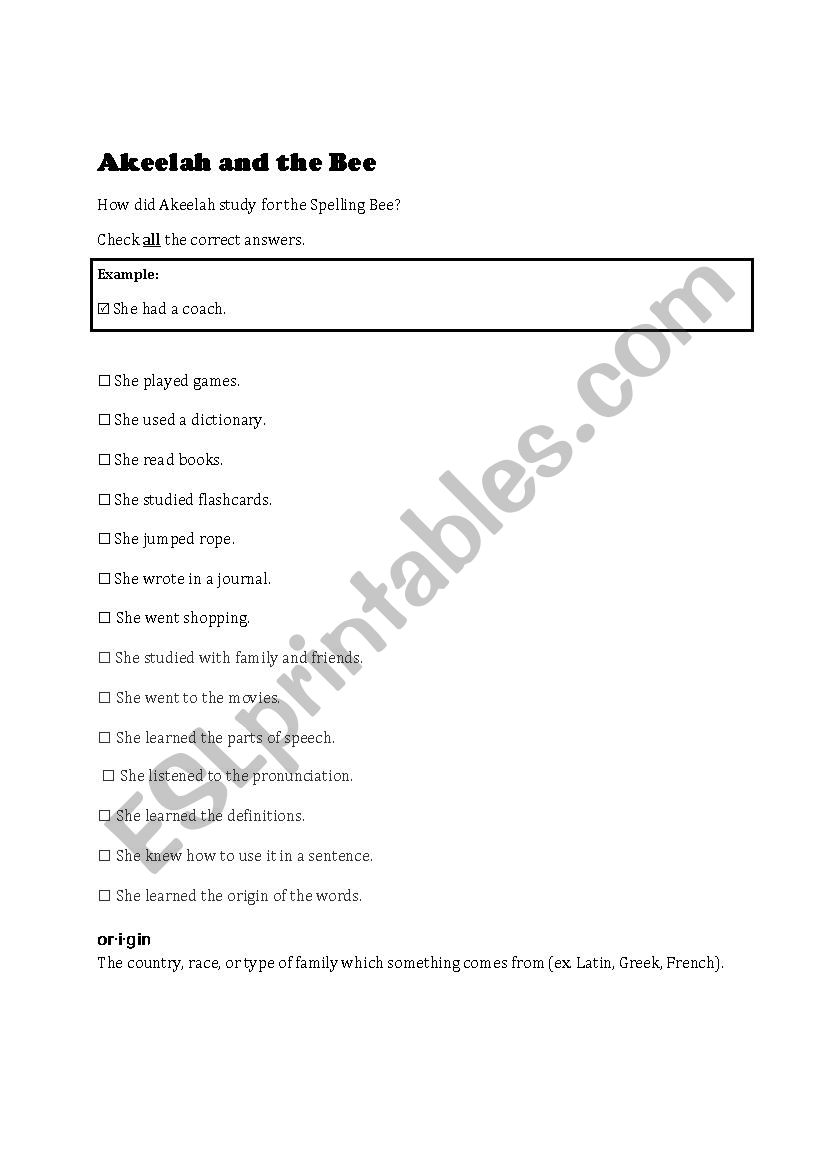 Akeelah and The Bee Intermediate Worksheet