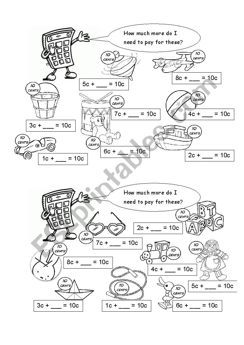 How much more to make 10c worksheet