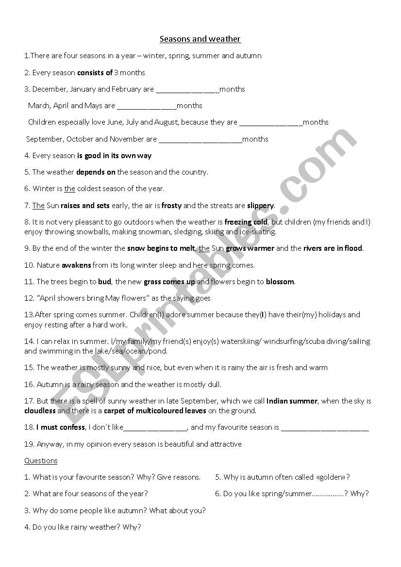 Seasons and weather worksheet