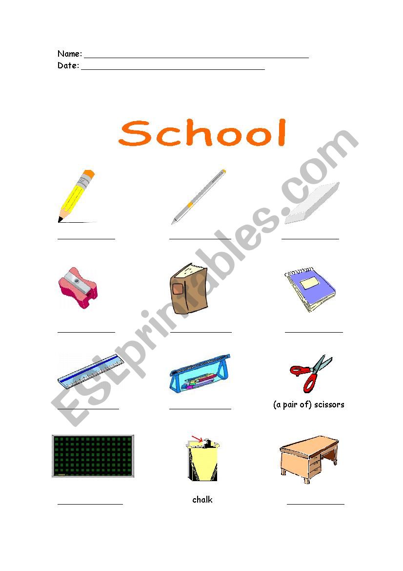 School objects worksheet