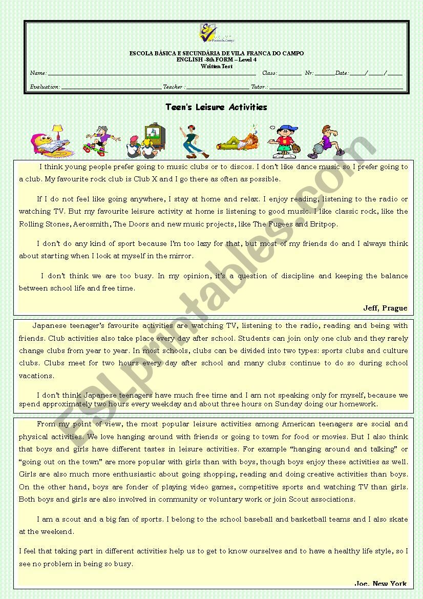 Leisure activities worksheet