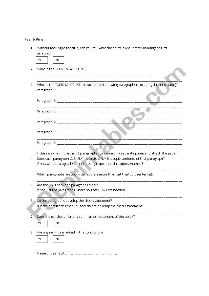 Peer Editing for essays worksheet