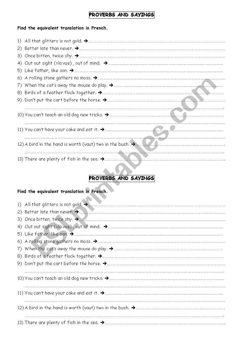 proverbs ans sayings worksheet