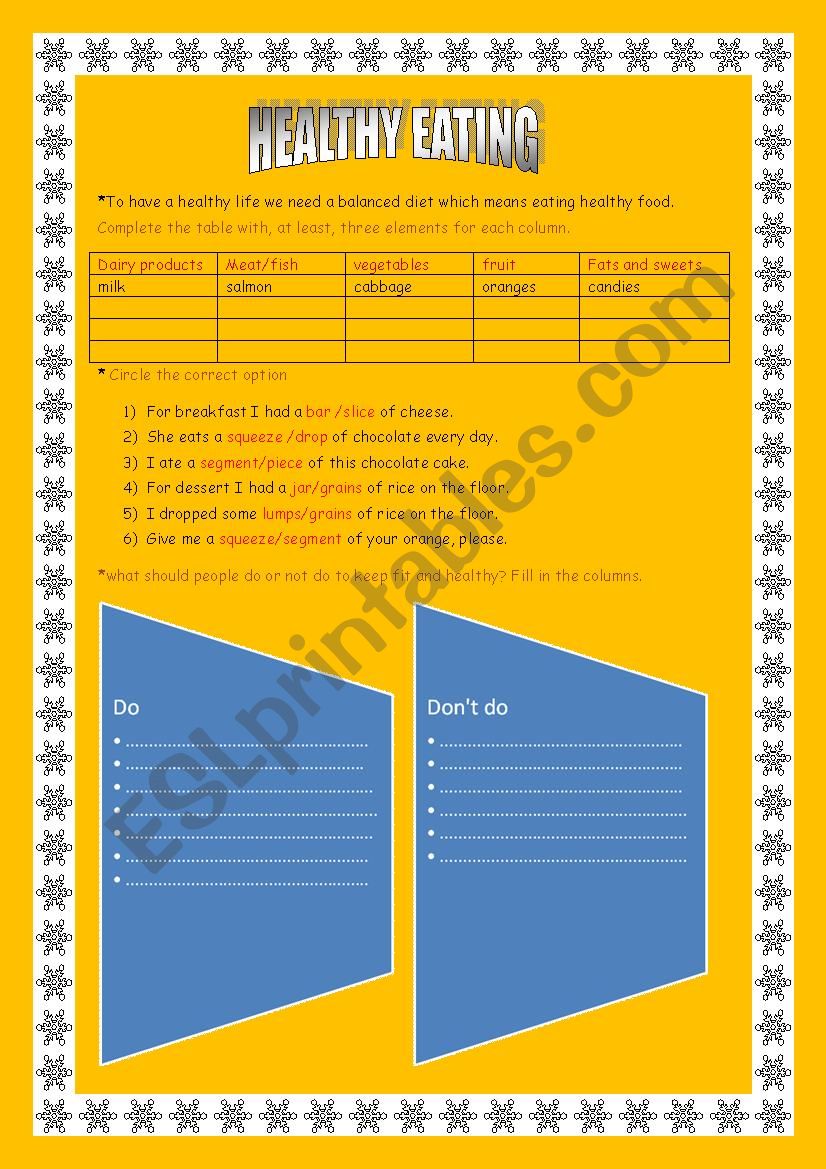 healthy  eating worksheet