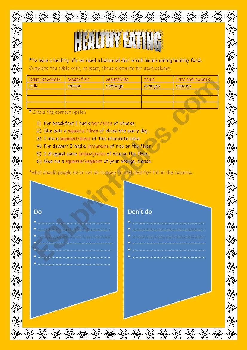 healthy  eating worksheet