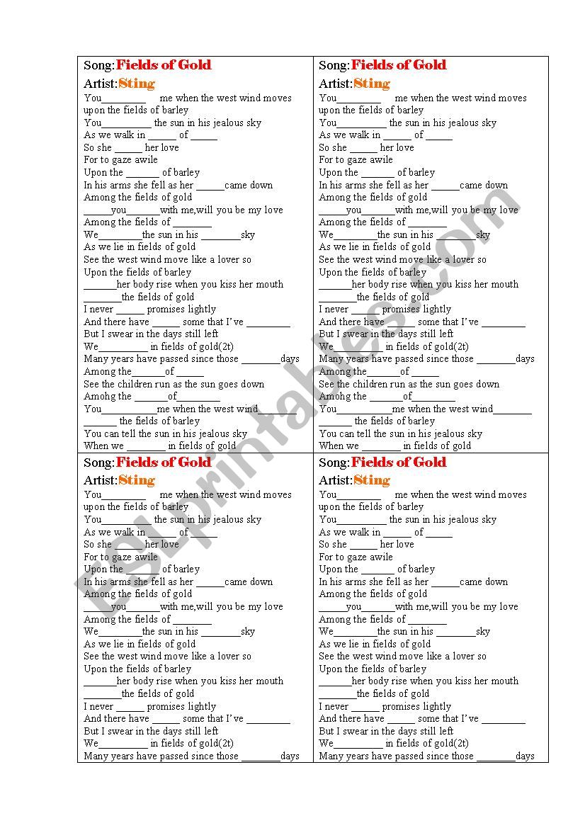 Sting/Fields of Gold worksheet