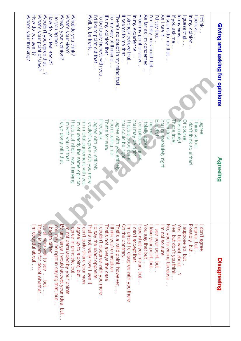 Giving and asking for opinions, agreeing and disagreeing