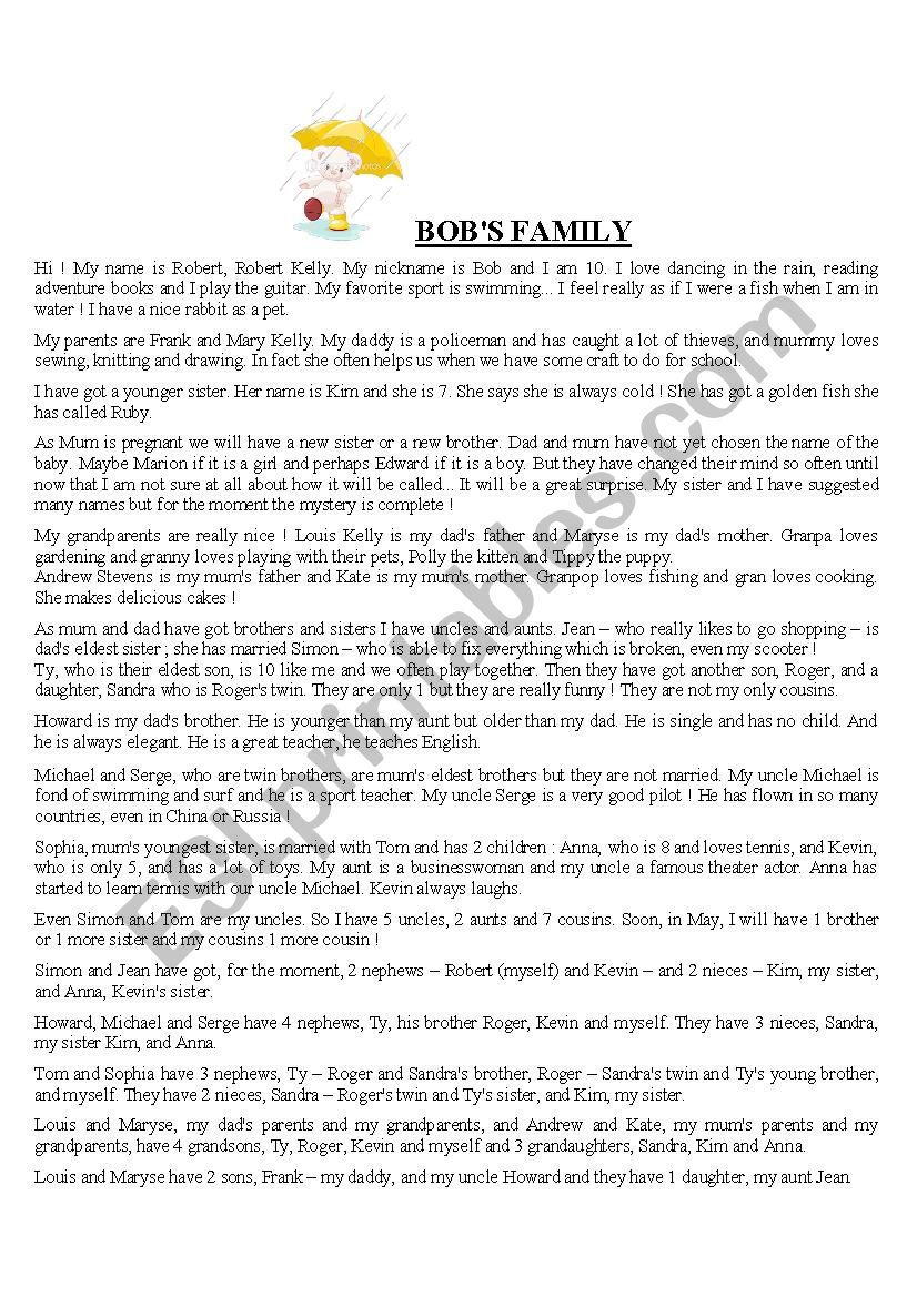 Bobs family worksheet