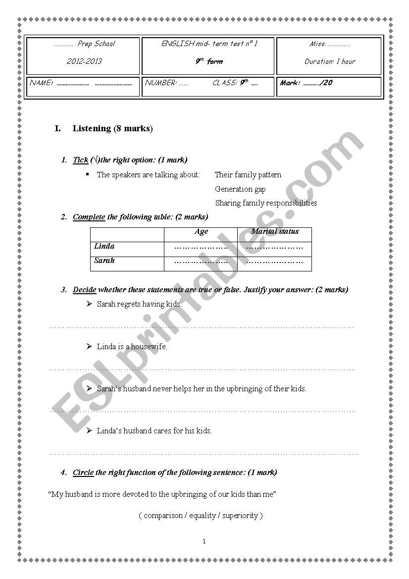 9th grade mid term test 1 worksheet