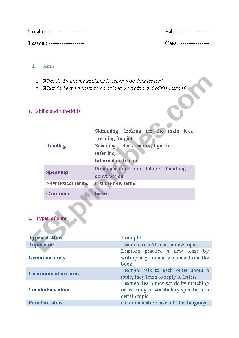 trainee teachers worksheet