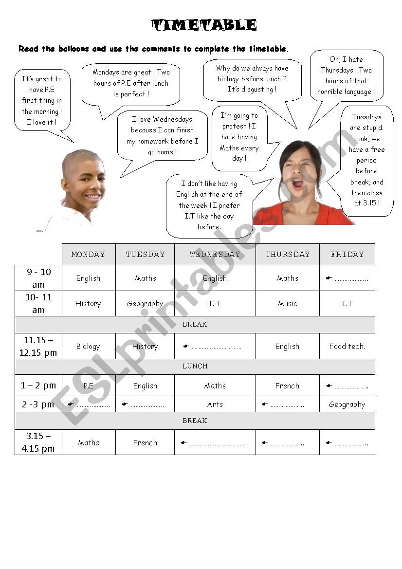 Guess their timetable worksheet