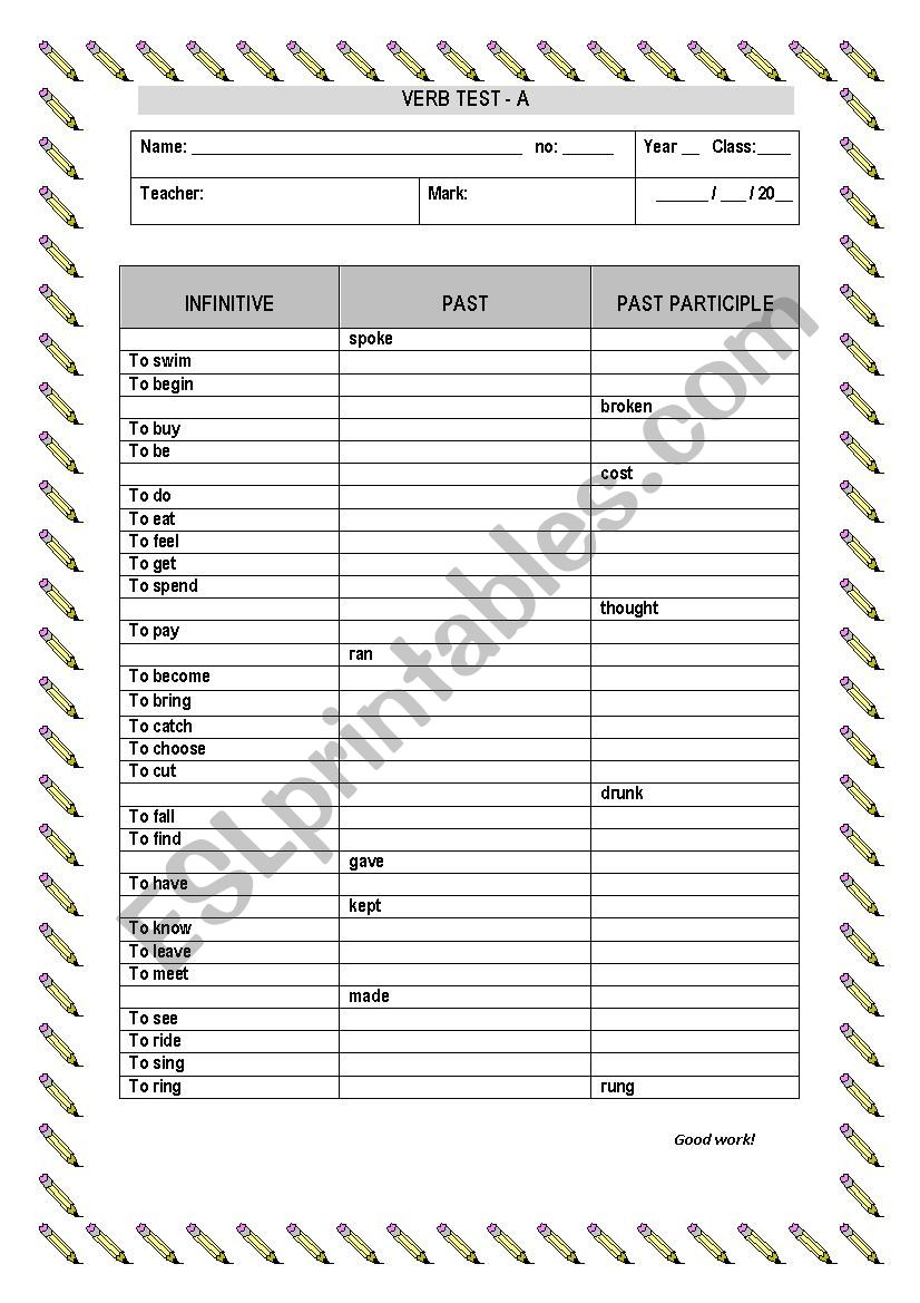 Verb Test - 3 version worksheet