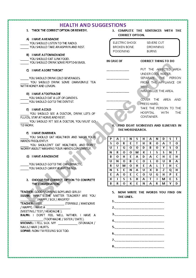 HEALTH AND SUGGESTIOS worksheet