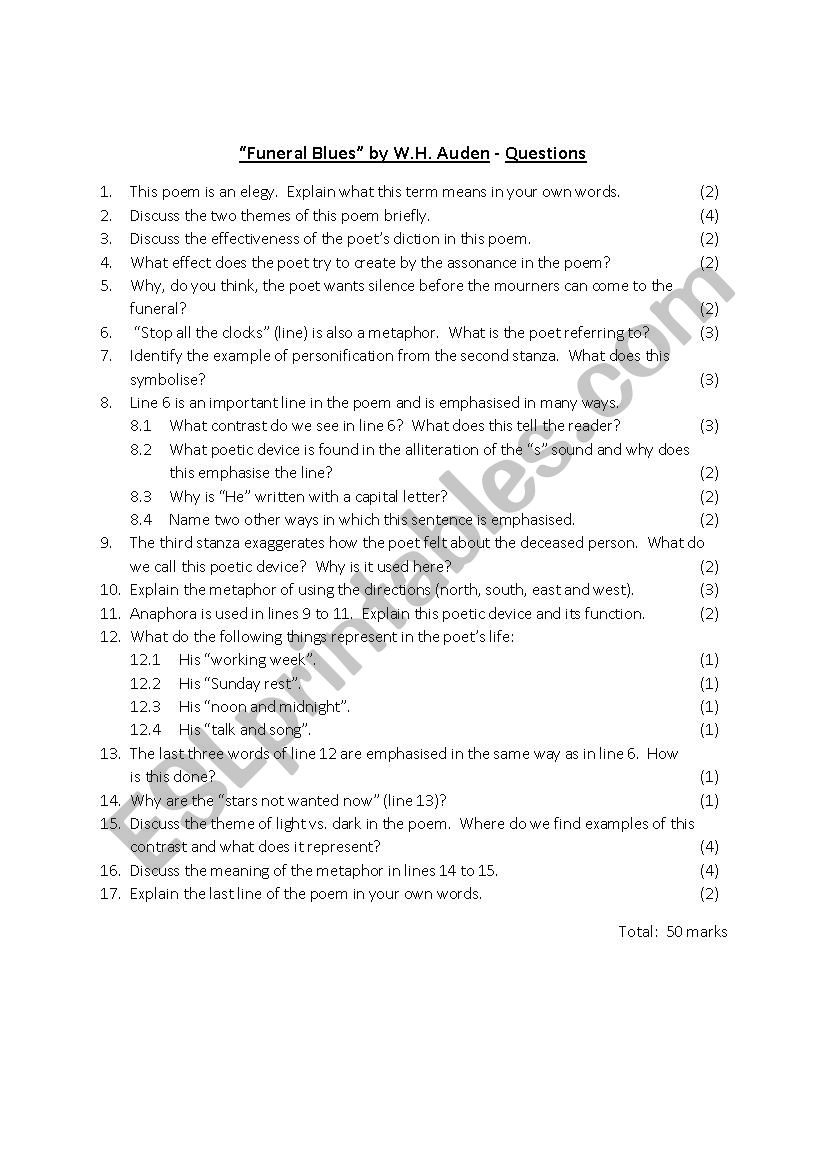 Funeral Blues Poem Questions And Answers