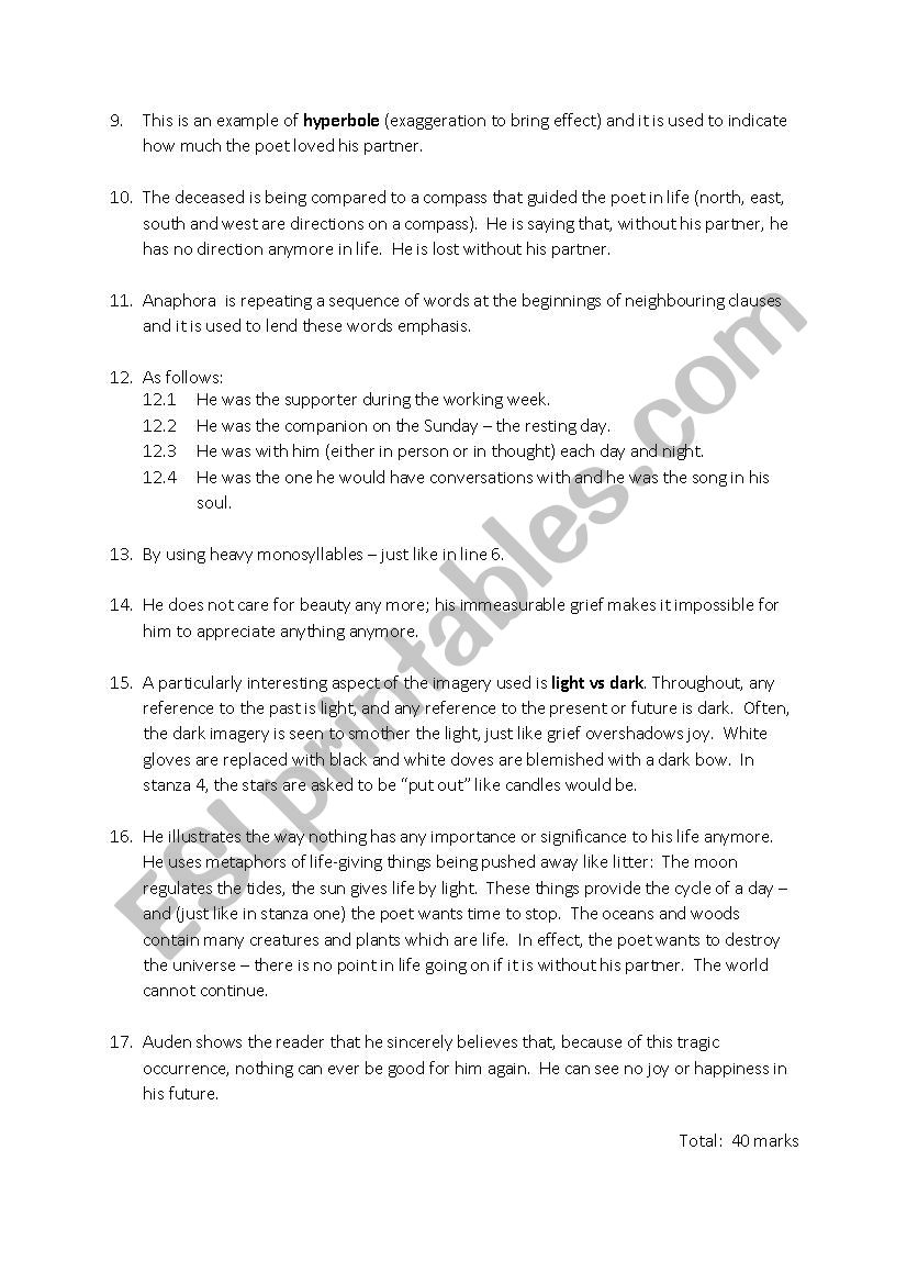 funeral blues poem questions and answers pdf sitedoctorg