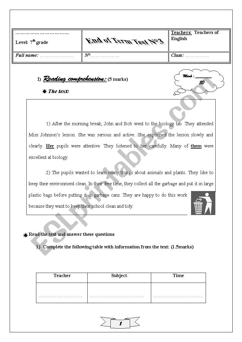 7th grade exam worksheet