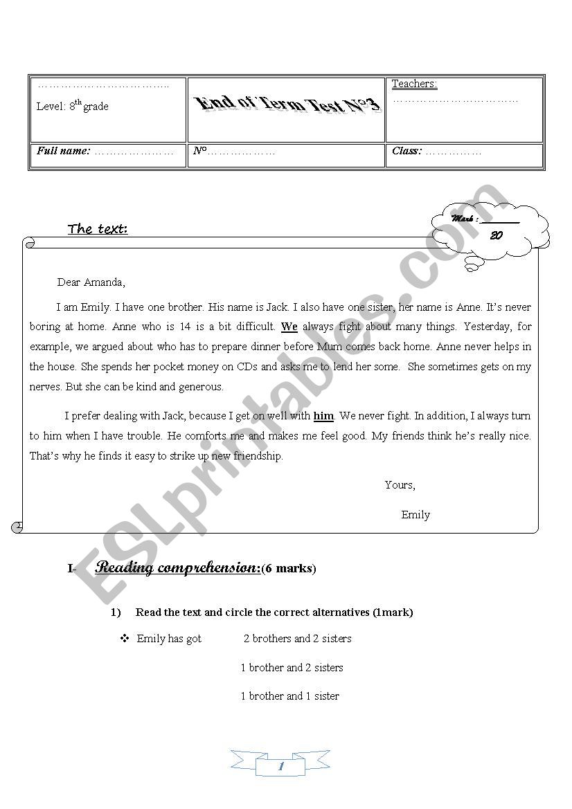 8th grade end of term exam worksheet