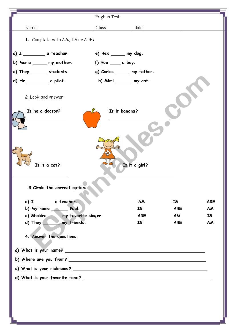 English Test for basic level worksheet