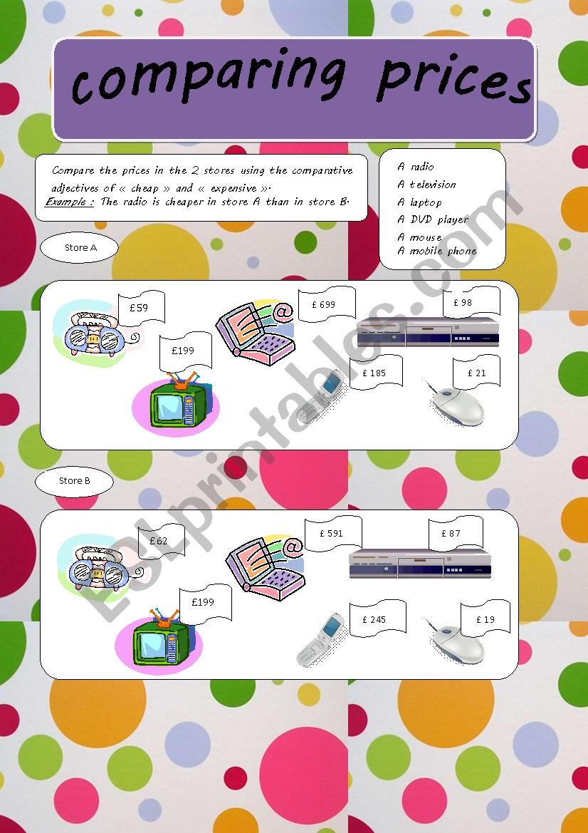 Comparing prices worksheet