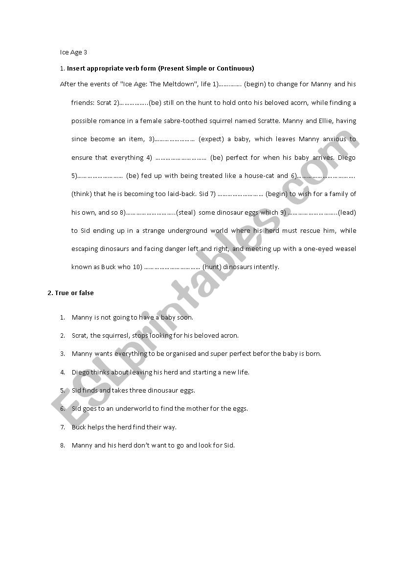 Ice Age 3 Worksheet worksheet