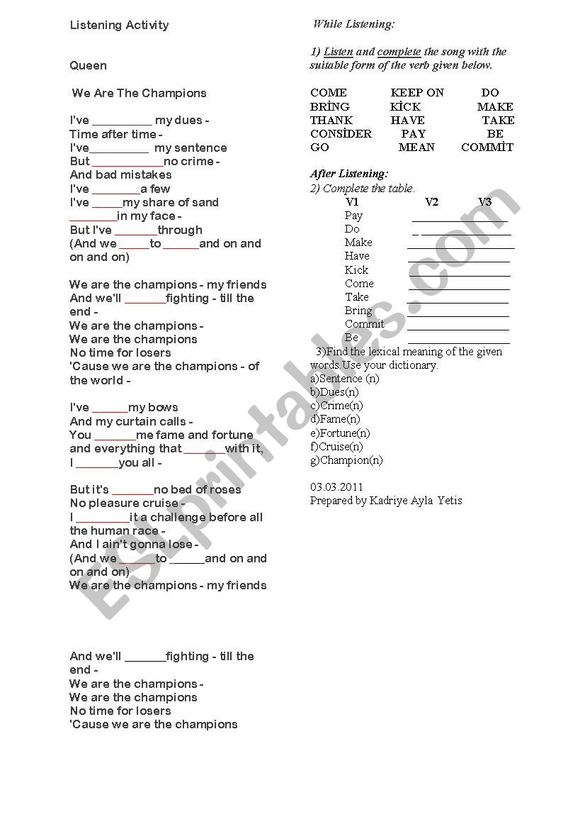 We are the Champions worksheet