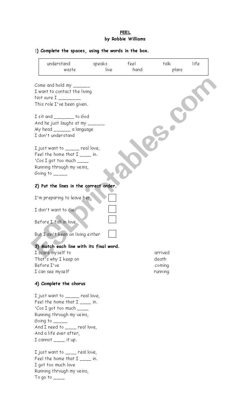 Feel By Robbie Williams worksheet