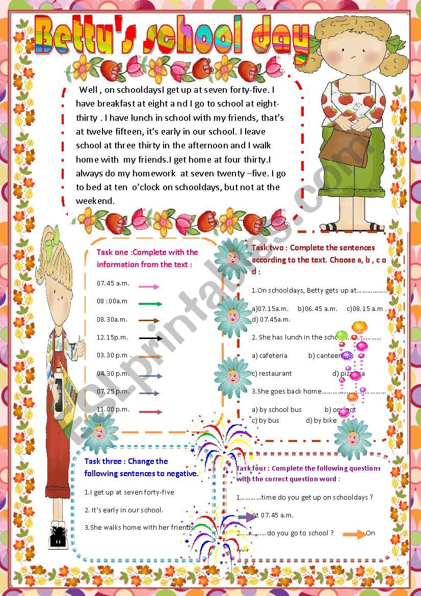 Bettys school s day. worksheet