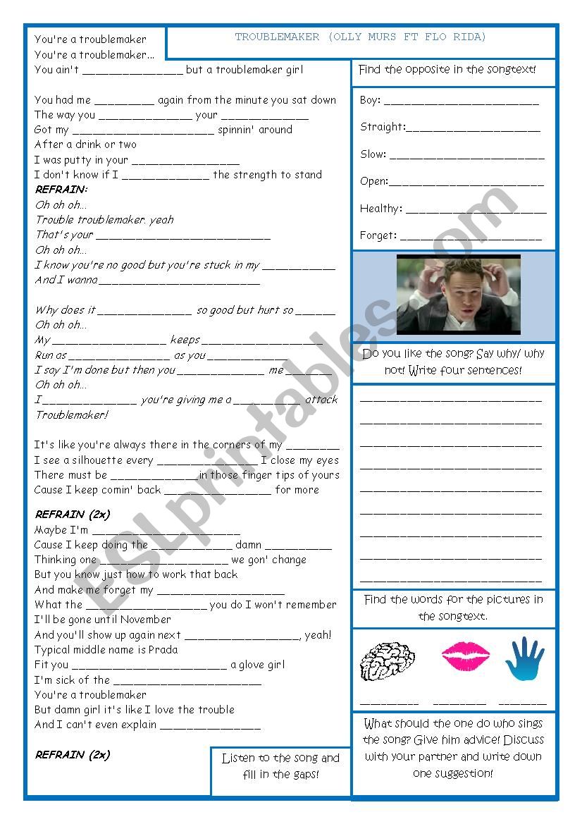 Troublemaker Olly Murs worksheet