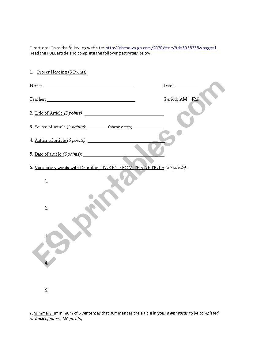 News Article Assignment worksheet