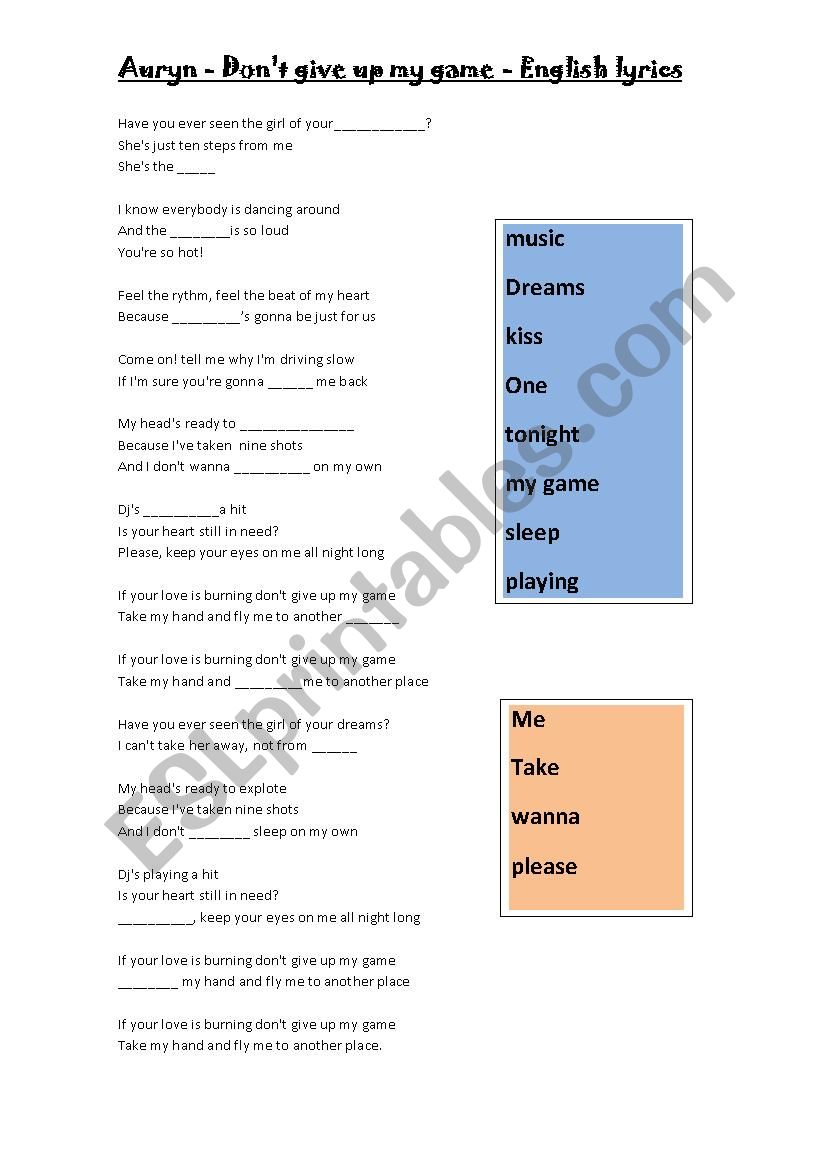 Auryn lyrics worksheet