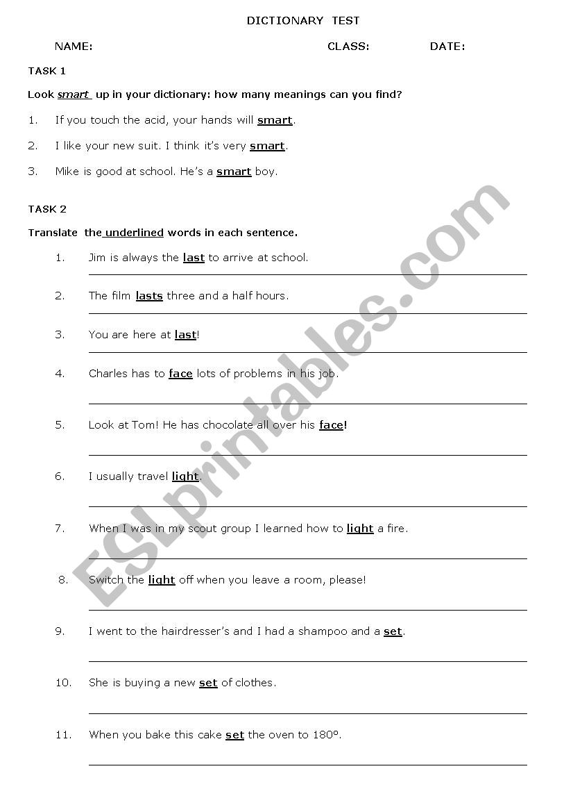 dictionary test worksheet