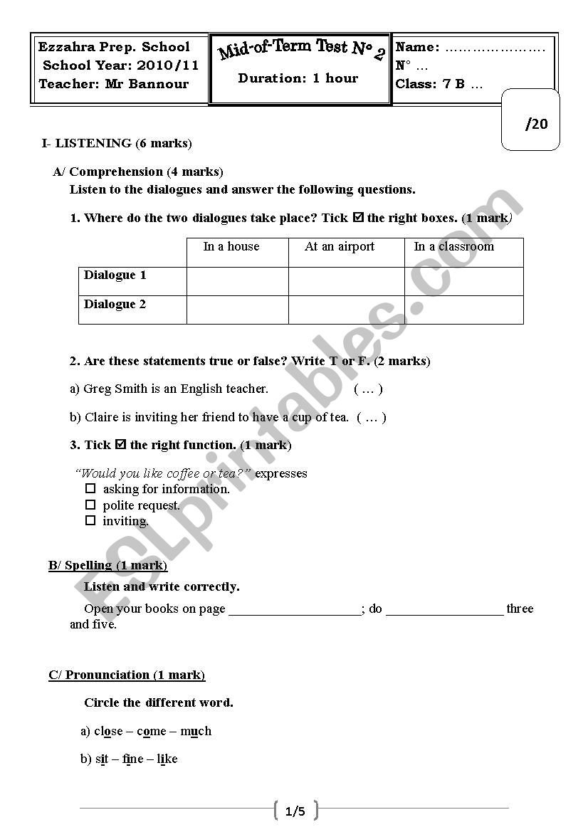 Mid-Term Test N 2   7B     worksheet