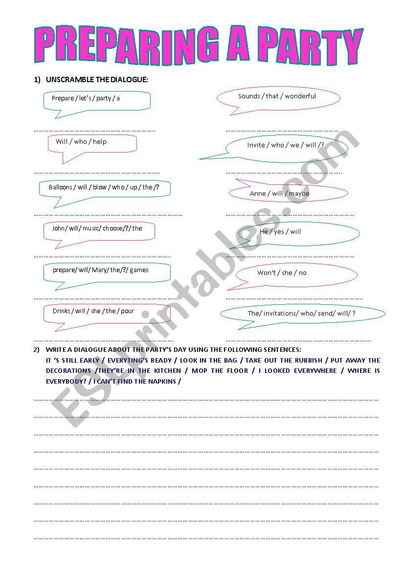 PREPARING A PARTY worksheet