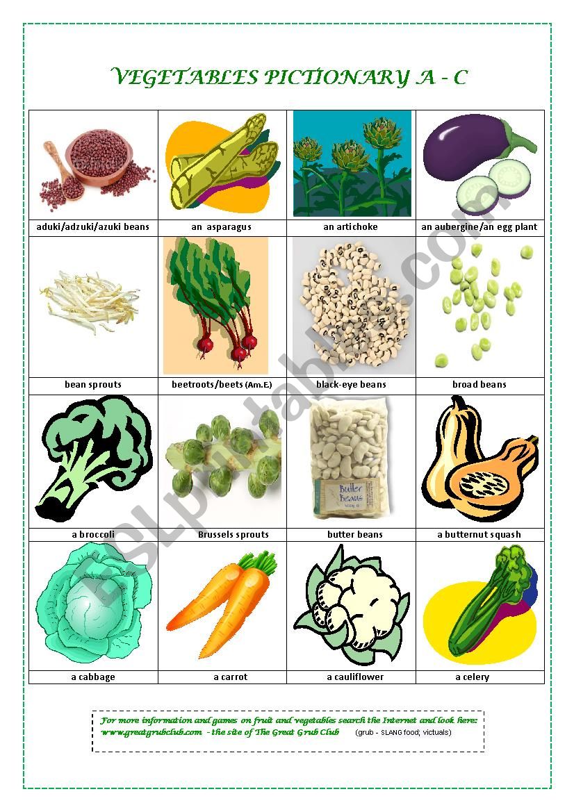 VEGETABLE PICTIONARY A-C worksheet