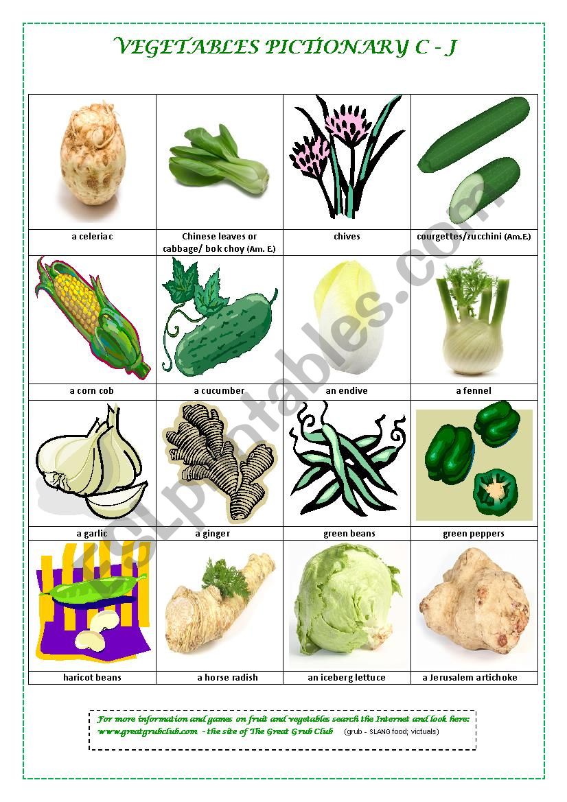 VEGETABLE PICTIONARY C - J worksheet