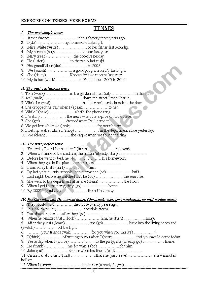 TENSES VERB FORMS ESL Worksheet By Dungphuong