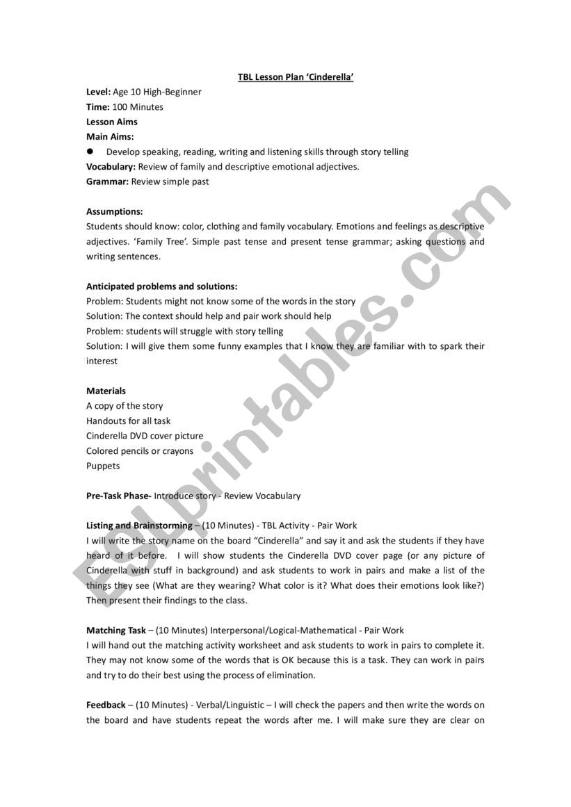 Cinderella TBL lesson plan Task-Based Learning Story Activities 