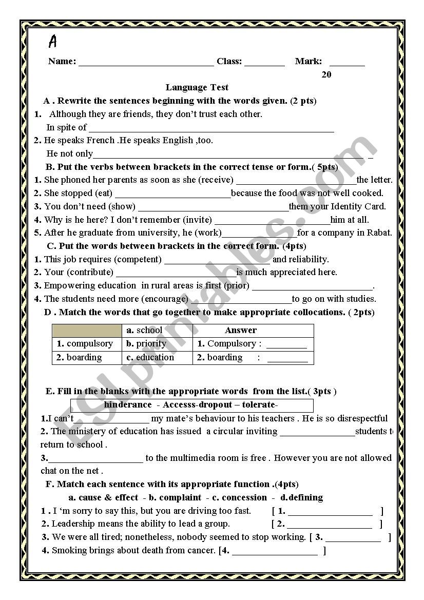 language test worksheet