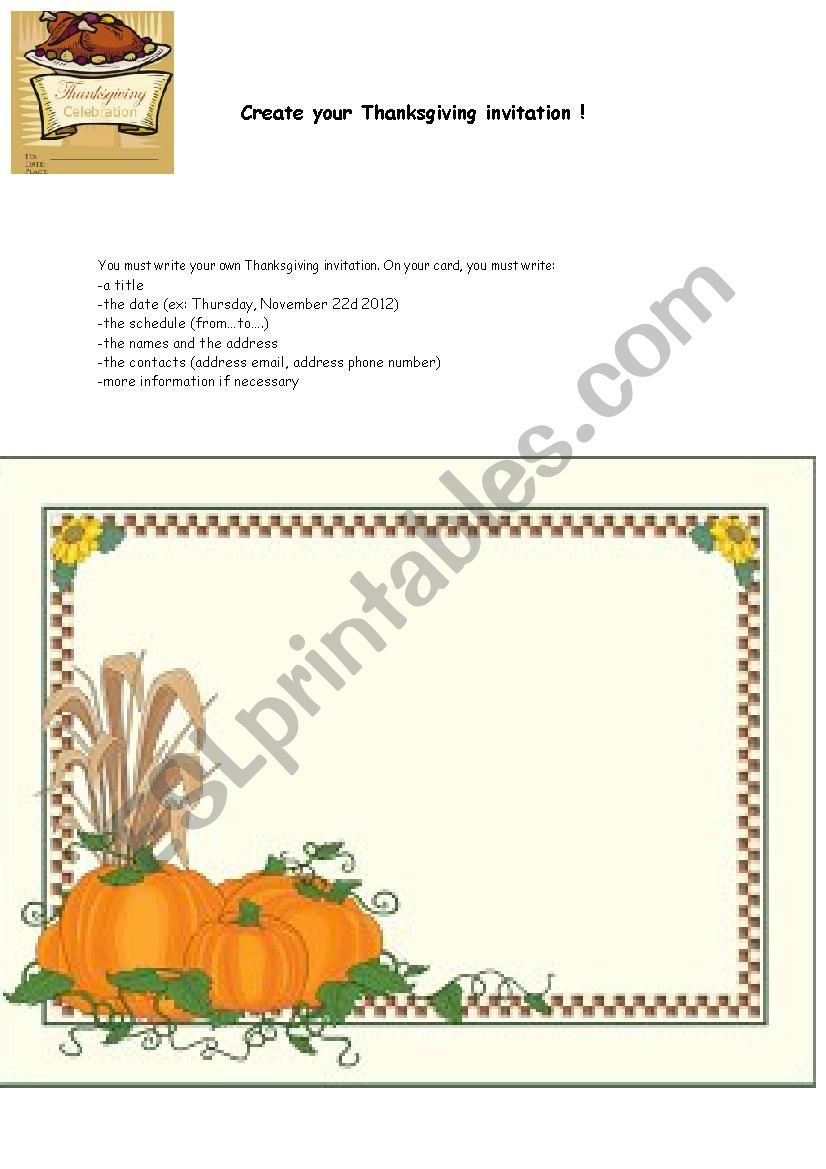 Thanksgiving invitation worksheet