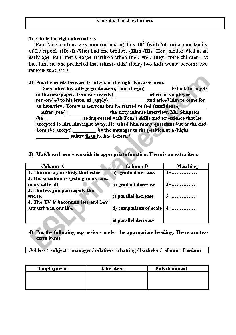 Consoldation worksheet