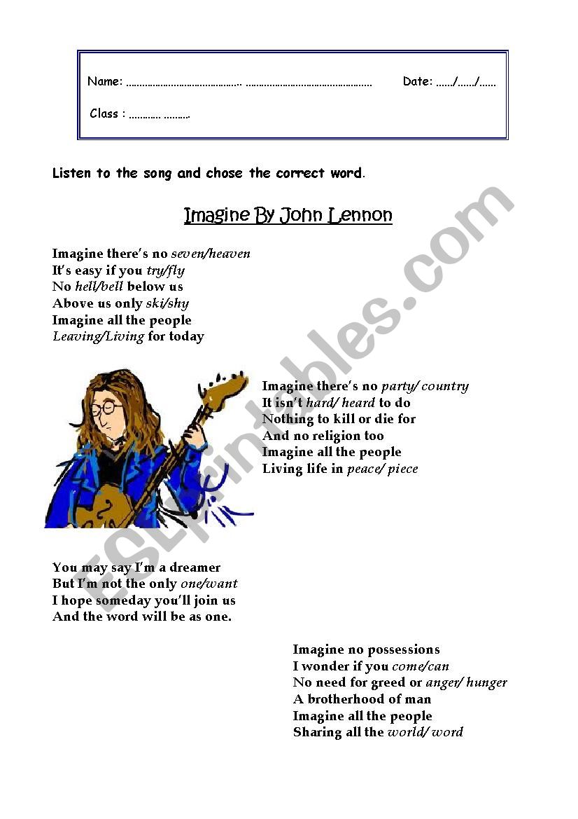 IMAGINE - J. LENNON worksheet