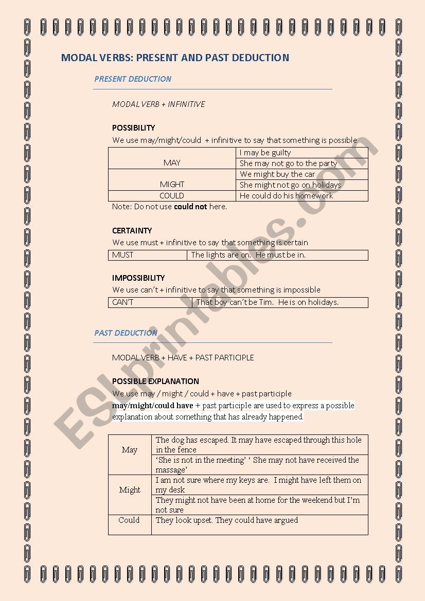 Present and Past deduction worksheet