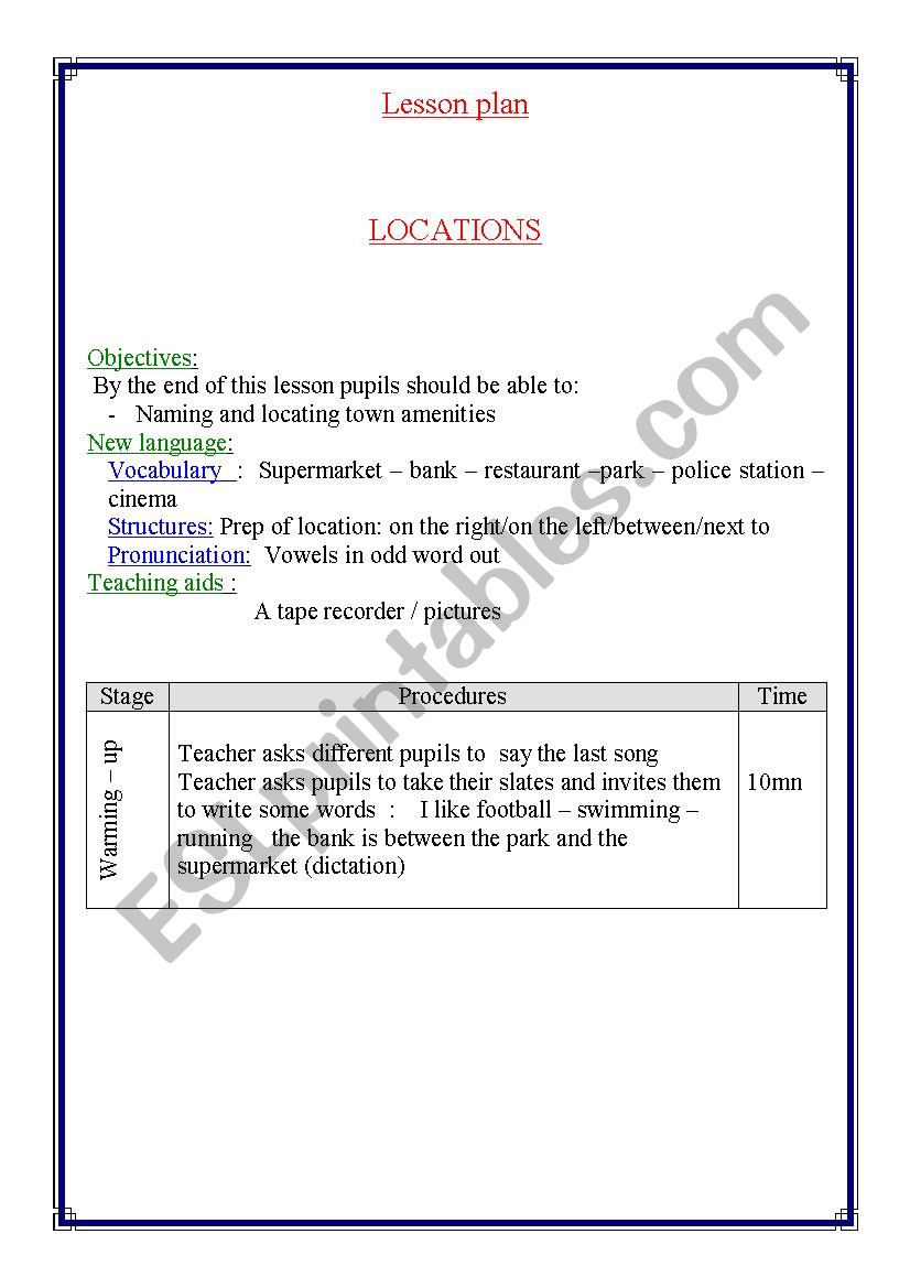 Locations worksheet