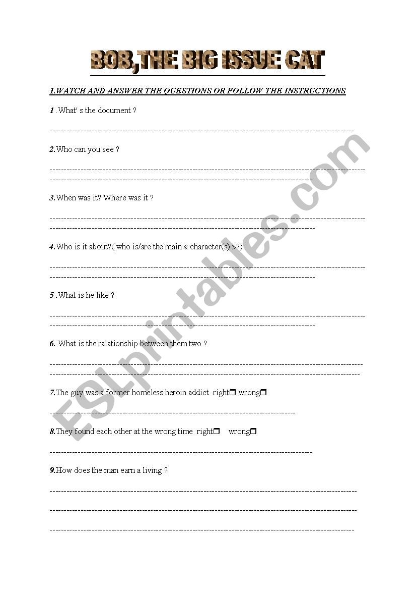 Bob ,the big issue cat worksheet