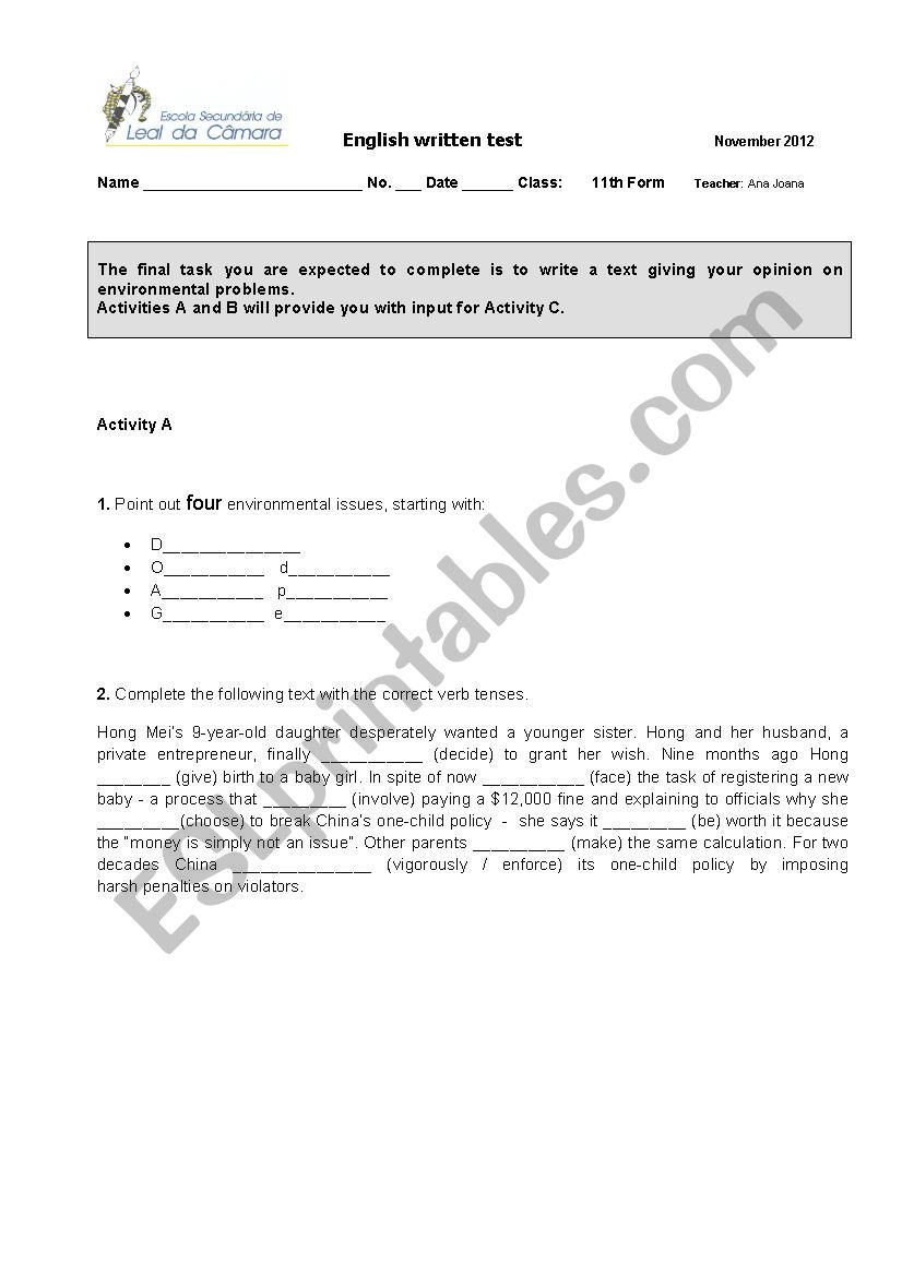 Summative Test worksheet