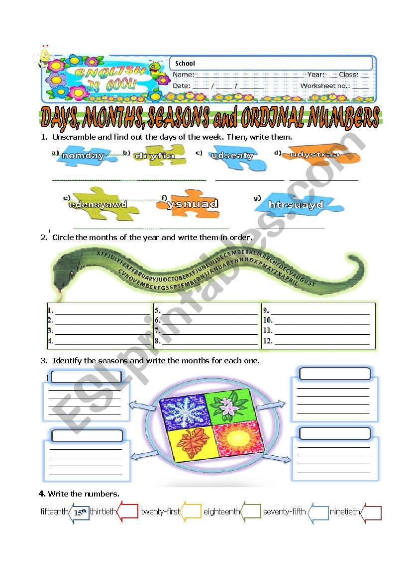 DAYS, MONTHS AND SEASONS worksheet